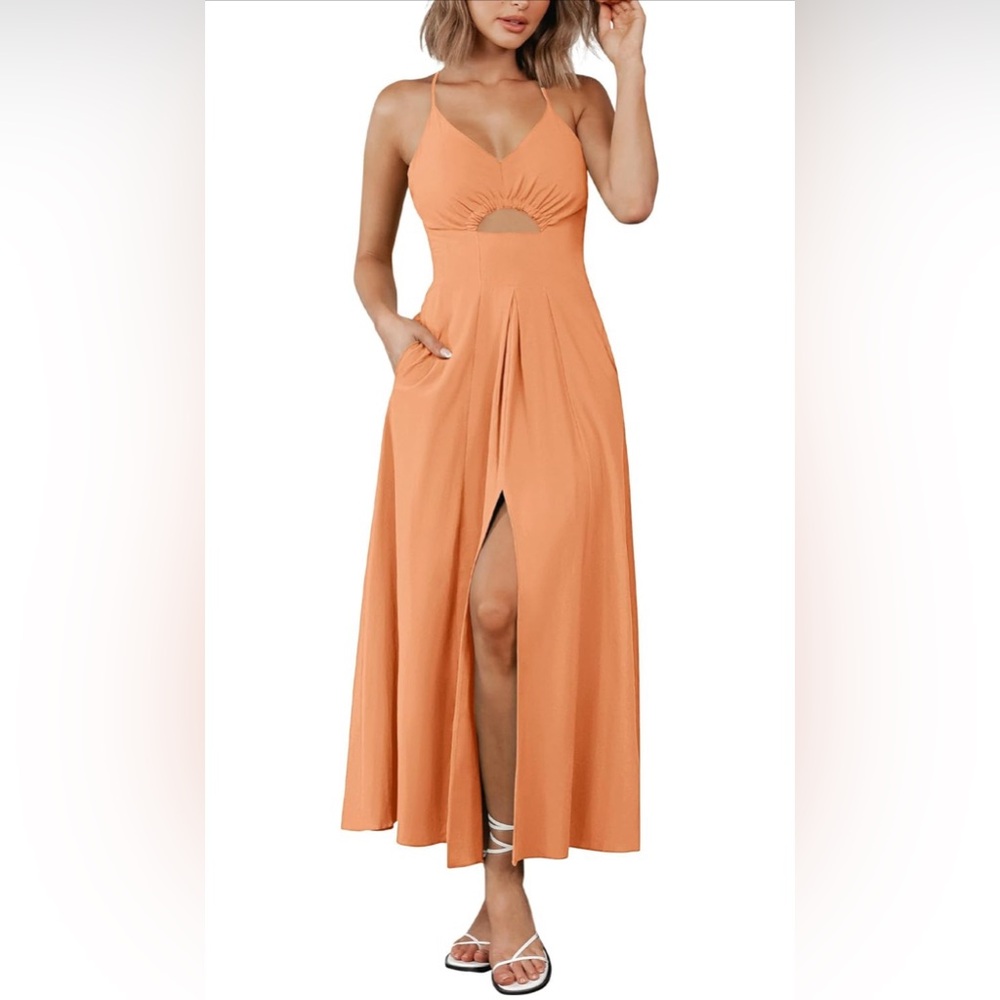 BTFBM 2024 Spaghetti Strap V Neck Cutout Slit Casual Maxi Dress with Pockets